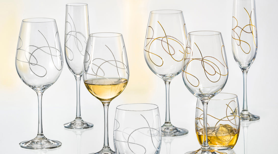 Barski - Handmade Glass - Set of 4 White Wine Glasses with  Empty Space in the Center to Fit Your Own Bottle of Wine - Decorated with  Real Swarovski Diamonds 