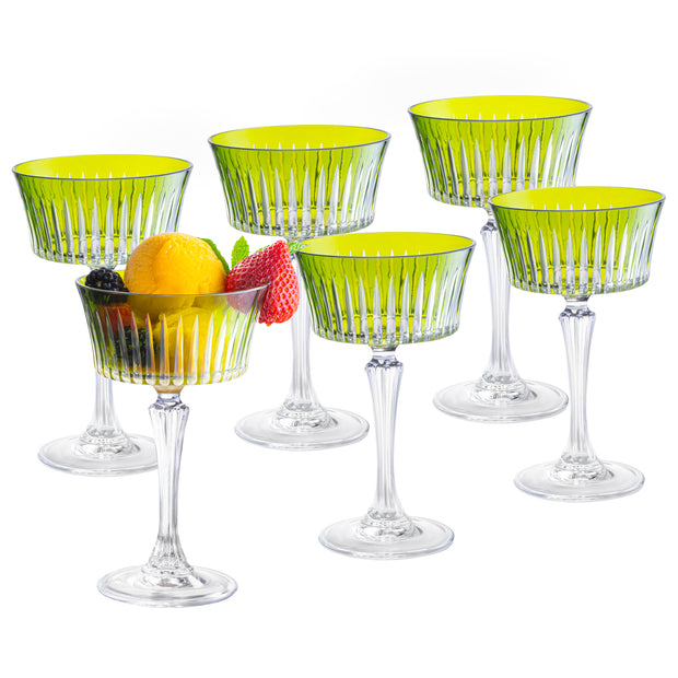 Green Colored Champagne Saucer Glasses,  Set of 6,  8.7 oz.