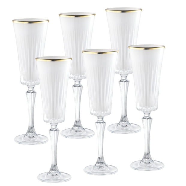 Onyx Champagne Flute, White with Gold rim, 7 oz. Set of 6