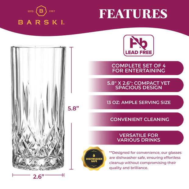 Highball Drinking Glasses, Set of 4 , 13 Fl. Oz