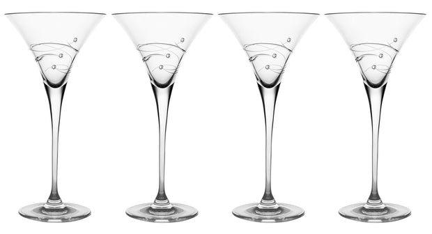 European Handmade Glass Martini Glasses Set of 4 - Tall Stem - Decorated with Real Swarovski Diamonds - 9 Oz.
