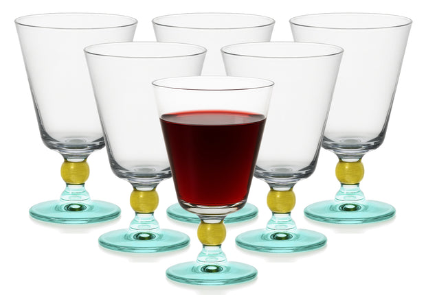 Spectrum Water Goblet with Aquamarine color on stem, 9 oz. Set of 6