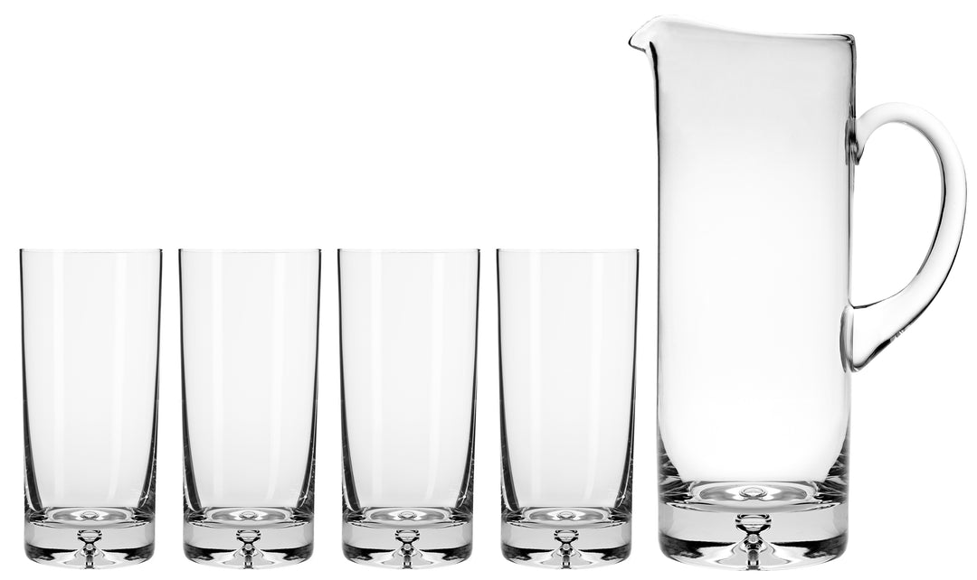 Pitcher and 4 Highballs with Bubble in Base, Pitcher: 40 oz. Highball: 12 oz.|Barski