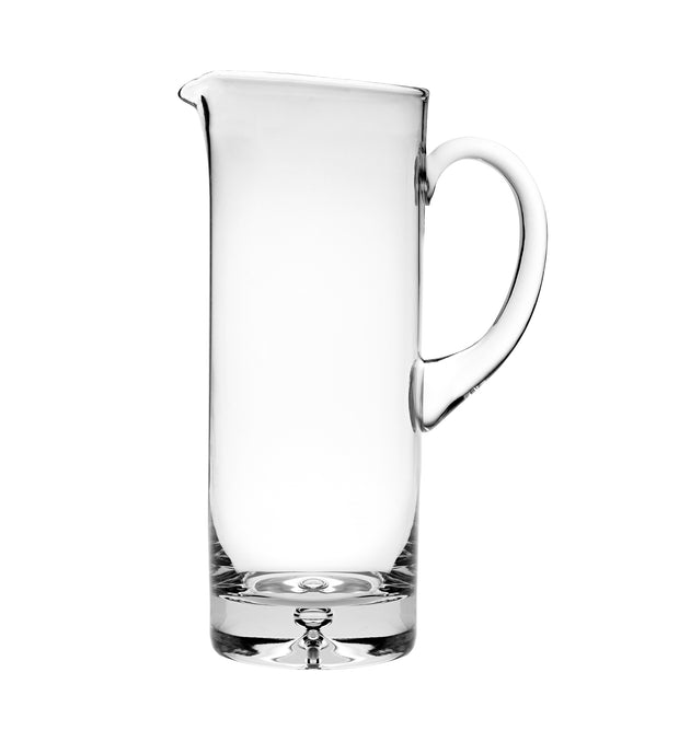 European Handmade Straight Sided Glass Pitcher with handle -Spout - Ice Lip - Bubble design on base -40 oz.-10" Height