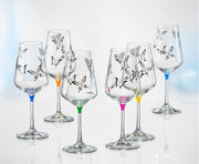 European Lead Free Crystalline Wine / Water Goblets - Butterfly Imprint - Assorted Color Stem - Gift Boxed - 16 Oz. - Set of 6