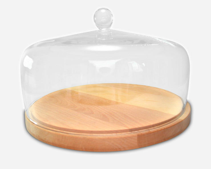 European Wood Cake Tray W/ Glass Dome - Server for Cheese , Pastries , Doughnuts - 11.63" Diameter , 6.75" Height