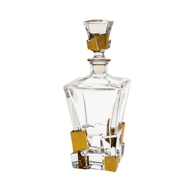 European Crystal Whiskey - Liquor Square Shaped Decanter W/ Ice Cube Design In Matte Gold - 28 Oz. - 11.25" Height