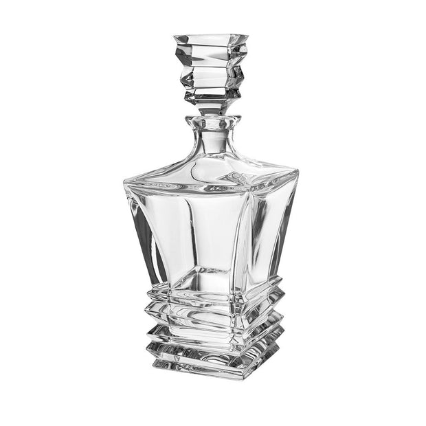 European Crystal Whiskey - Liquor Square Shaped Decanter W/ Layered Glass Design - 28 Oz. - 11.5" Height