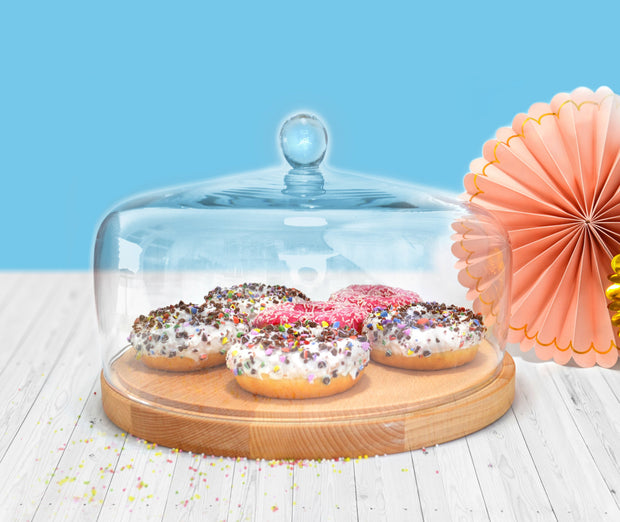 European Wood Cake Tray W/ Glass Dome - Server for Cheese , Pastries , Doughnuts - 11.63" Diameter , 6.75" Height