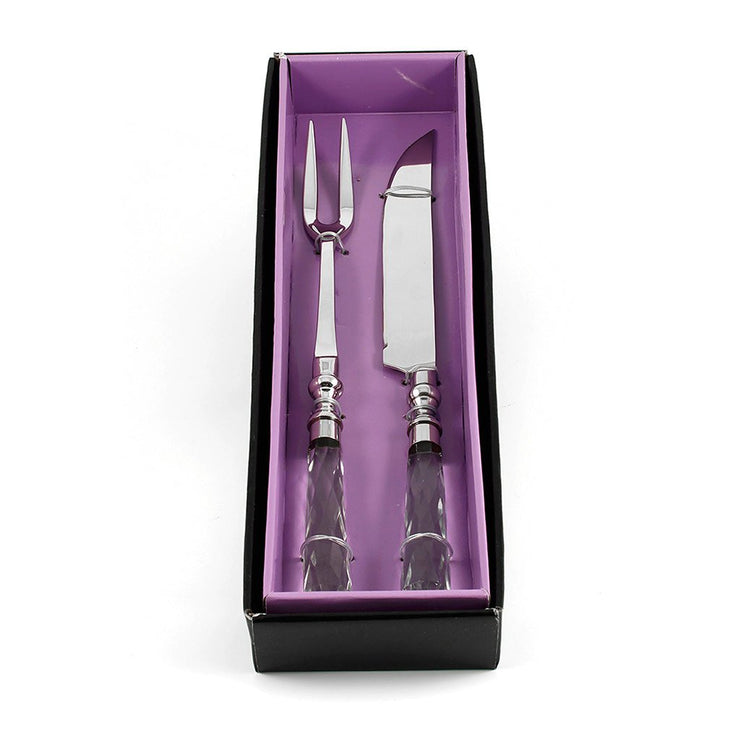 European Carving 2 Piece Set - Knife 14" Long - Two Tined Fork 13" Long - Crystal Handle - Beautiful Gift Box