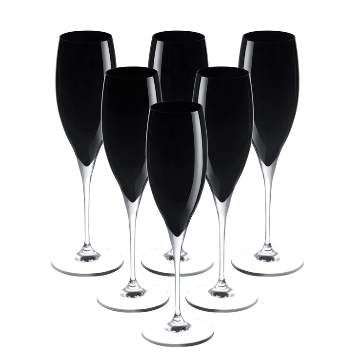 European Glass Toasting Flute - Champagne - Flutes - Set of 6 Crystal Glasses - Wedding Toasting Flutes - Black  11 oz.