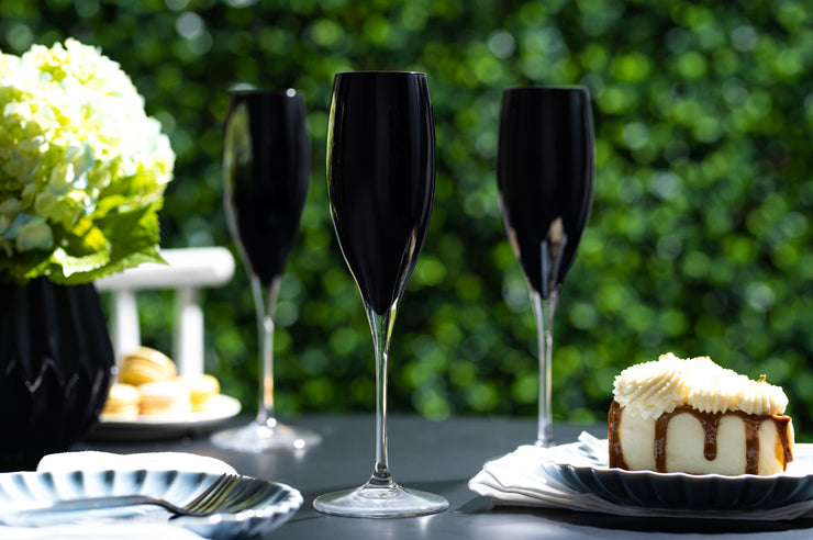 European Glass Toasting Flute - Champagne - Flutes - Set of 6 Crystal Glasses - Wedding Toasting Flutes - Black  11 oz.