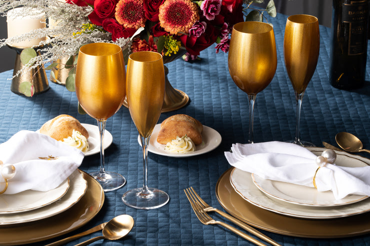 European Lead Free Crystalline Wedding Champagne Flute Glasses  - Gold Decorated , 11 oz. - Set of 6
