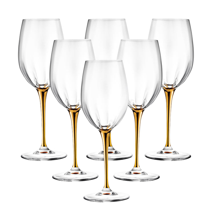 European Glass Goblet - White Wine Glass - Water Glass -  Gold Stem -Stemmed Glasses-Set of 6- 14 Oz.