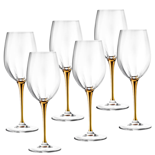 European Glass Goblet - White Wine Glass - Water Glass -  Gold Stem -Stemmed Glasses-Set of 6- 14 Oz.