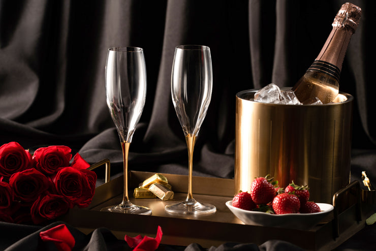 European Glass Stemmed Champagne Toasting Flutes- Gold Stem- 11 Oz. - Set of 6
