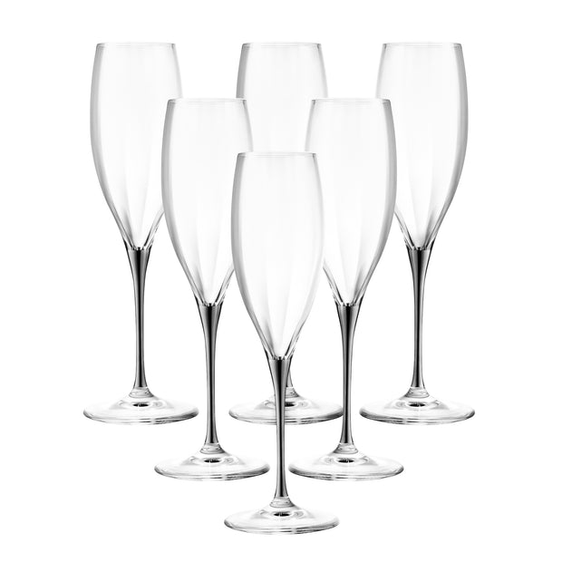 European Glass Stemmed Champagne Toasting Flutes- Platinum Stem- 11 Oz. - Set of 6