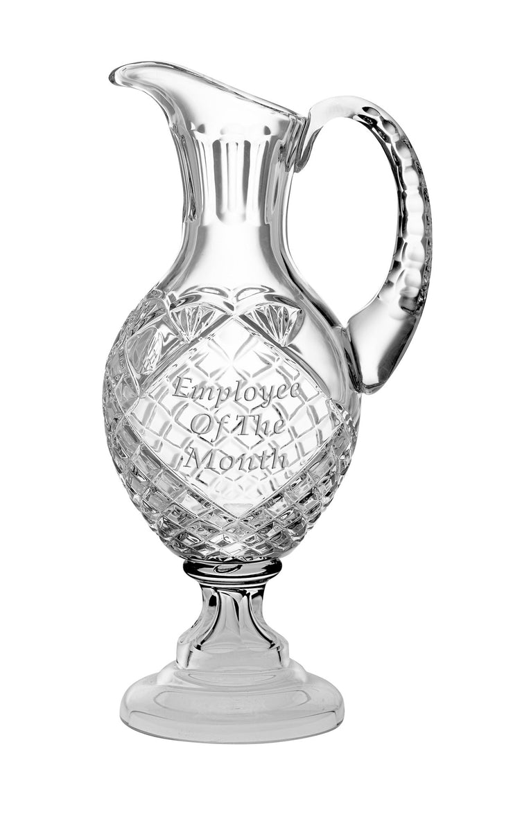 European Hand Cut Crystal Footed Pitcher W/ Handle W/ Blank Panel For Engraving