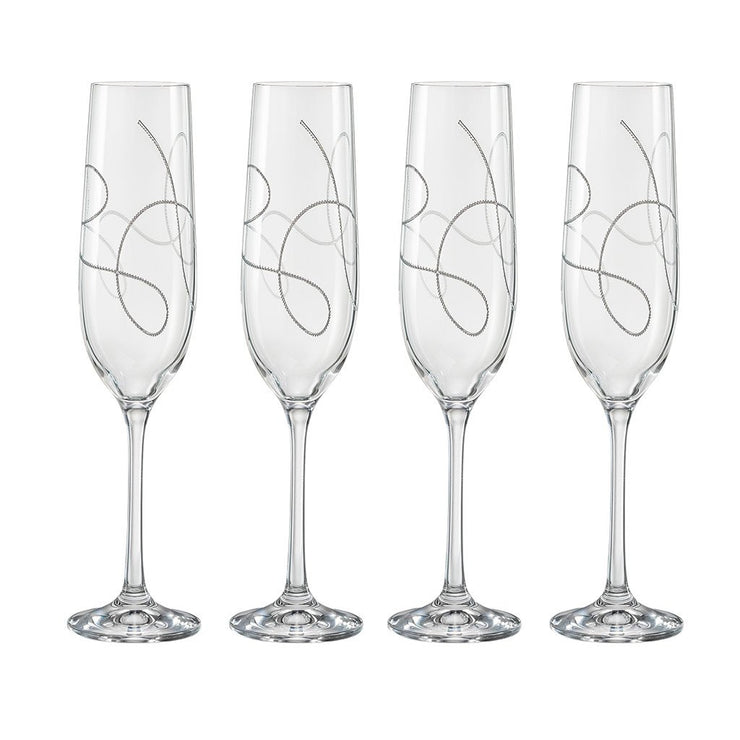 European Lead Free Crystalline Wedding Champagne Flute Glasses  - Gift Boxed - W/ String Design - 9 oz. - Set of 4