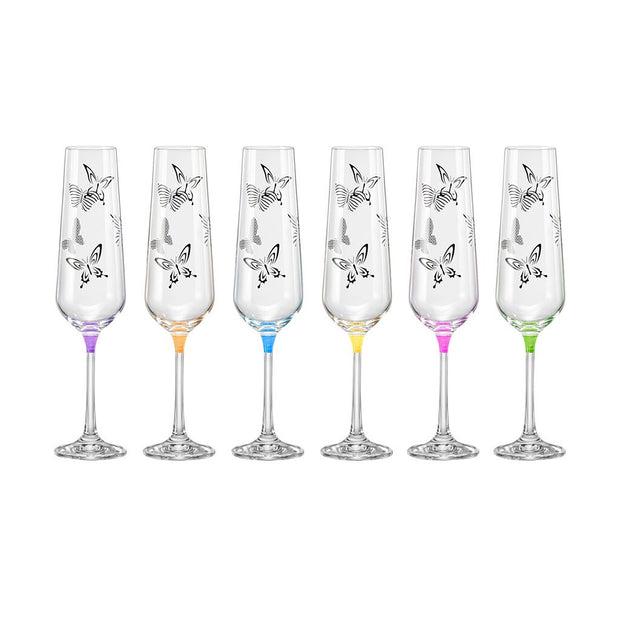 Butterfly Champagne Flute Assorted Colors, 9 oz. Set of 6