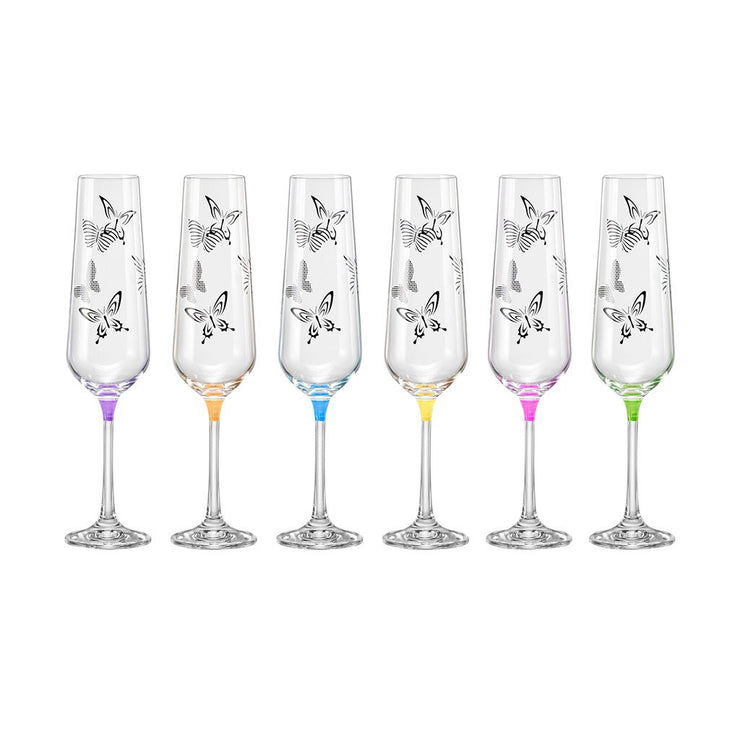 European Lead Free Crystalline Wedding Champagne Flute Glasses  - Gift Boxed - W/ Butterfly Imprint - Assorted Colour Stem - Set of 6 - 9 oz.