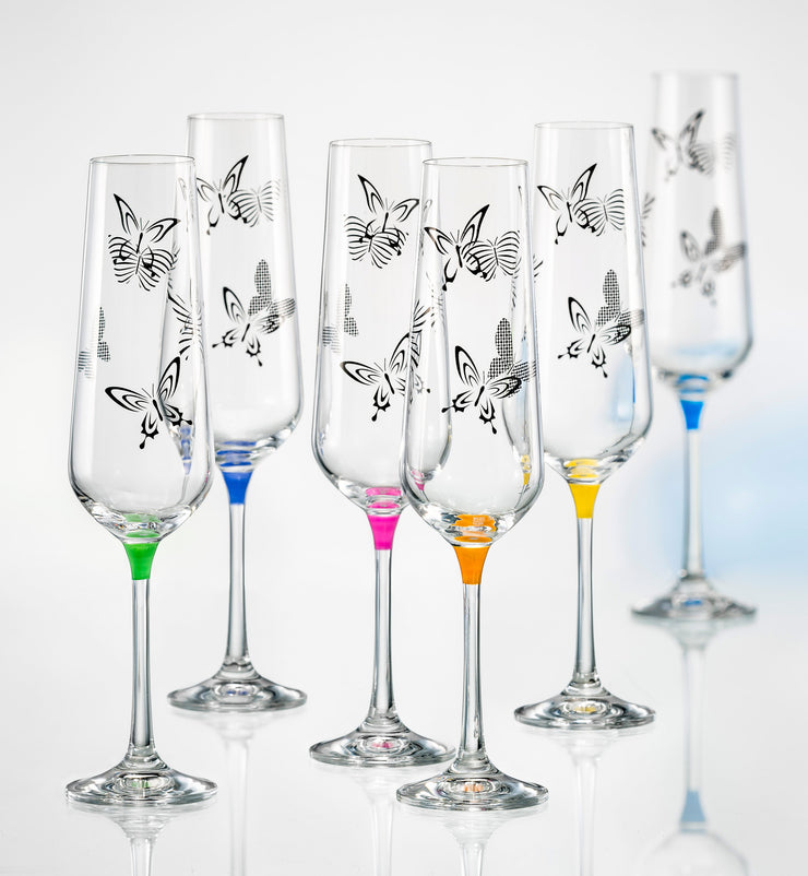 Barski Champagne - Flute - Glass - Glass Crystal - Wedding Toasting Flutes - with Butterfly Imprint - Assorted Colour Stem - Set of 6 Glasses 9 oz.