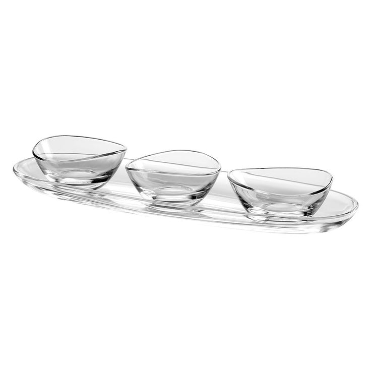 European Lead Free Crystalline Oval Serving Tray - Platter - 16" Long - W/ 3 Small Bowls - Bowl is 3.9" Diameter - 4 Piece Set