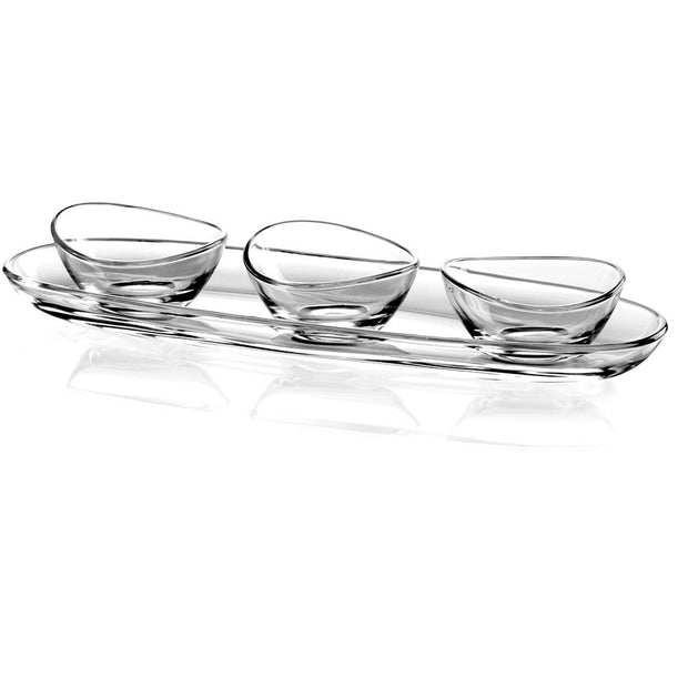 European Lead Free Crystal Relish Dish - Medium Oval Tray (11.5" Long) W/ 3 Small Bowls (3" Diameter)