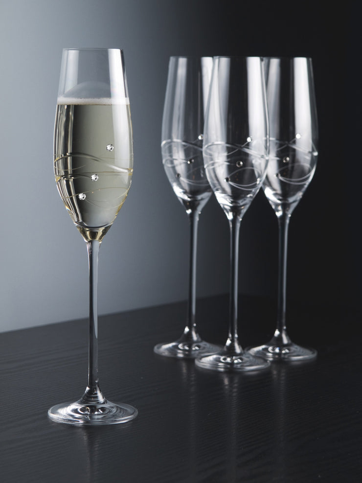 European Handmade Lead Free Crystalline Champagne Flutes - Decorated with Real Swarovski Diamonds - 7 oz., Set of 4