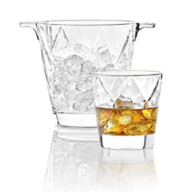 European Lead Free Crystalline 7 Piece Bar Set- For Whiskey, Wine, Liquor Includes Ice Bucket, 5.9" Height - 6 Pcs of 12.5 oz. Double Old Fashioned Glasses - Gift Boxed
