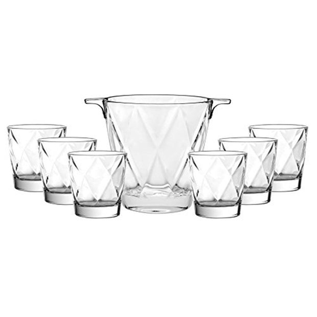 European Lead Free Crystalline 7 Piece Bar Set- For Whiskey, Wine, Liquor Includes Ice Bucket, 5.9" Height - 6 Pcs of 12.5 oz. Double Old Fashioned Glasses - Gift Boxed