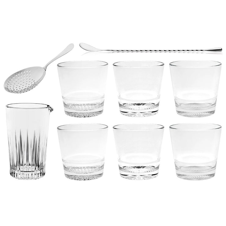 European Lead Free Crystalline 9 Piece Mixology Set-Includes 18.5 oz. Mixing Cup - 6 Double Old Fashioned Glasses 13.5 oz. - Strainer - and Stirrer - Gift Boxed