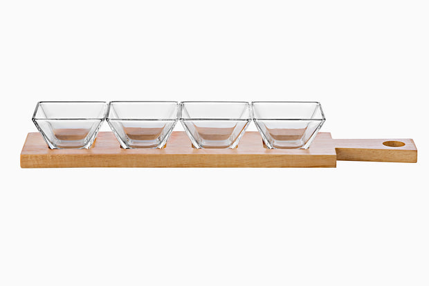 European Glass Bowls on Wooden Tray - 5 Pc Set - 1 Wooden Board with Handle - with 4 Square Bowls -Board is 17" Long - Each Bowl is 3.25" Diameter - Could Be Used for Nuts or Candy