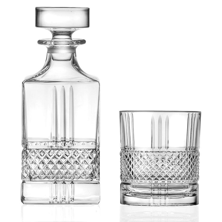 European Lead Free Crystalline Whiskey Decanter W/ 6 Double Old Fashioned Tumblers -7 piece set  -29 oz. Square Decanter -6 D.O.F. Tumblers - 12 oz.