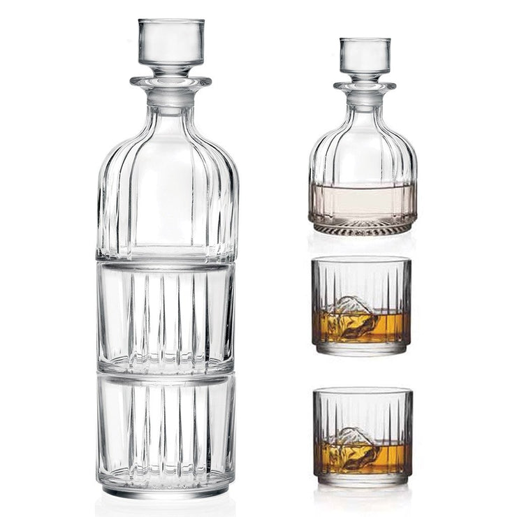 European Lead Free Crystalline Whiskey Decanter W/ 2 Tumblers -Stackable-  Decanter- 12 Oz. -2 D.O.F. Tumblers - 12 oz.