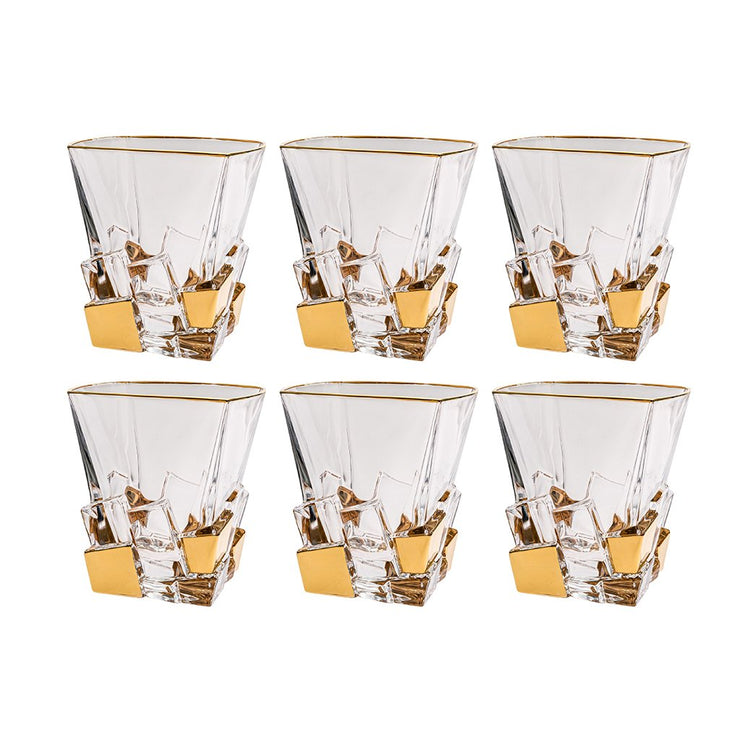 European Crystal Square Shaped Double Old Fashioned Tumblers - W/ Gold Ice Cube Design - 11.7 Oz. - Set / 6