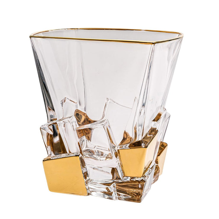 European Crystal Square Shaped Double Old Fashioned Tumblers - W/ Gold Ice Cube Design - 11.7 Oz. - Set / 6