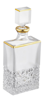 European Crystal Whiskey - Liquor Rectangular Shaped Decanter - Raindrop Design W/ Frosted Border & Gold Rim - 25 Oz. - 12" Height