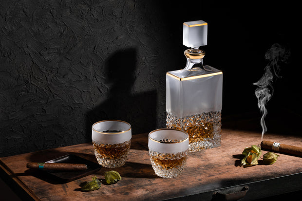 European Crystal Whiskey - Liquor Rectangular Shaped Decanter - Raindrop Design W/ Frosted Border & Gold Rim - 25 Oz. - 12" Height
