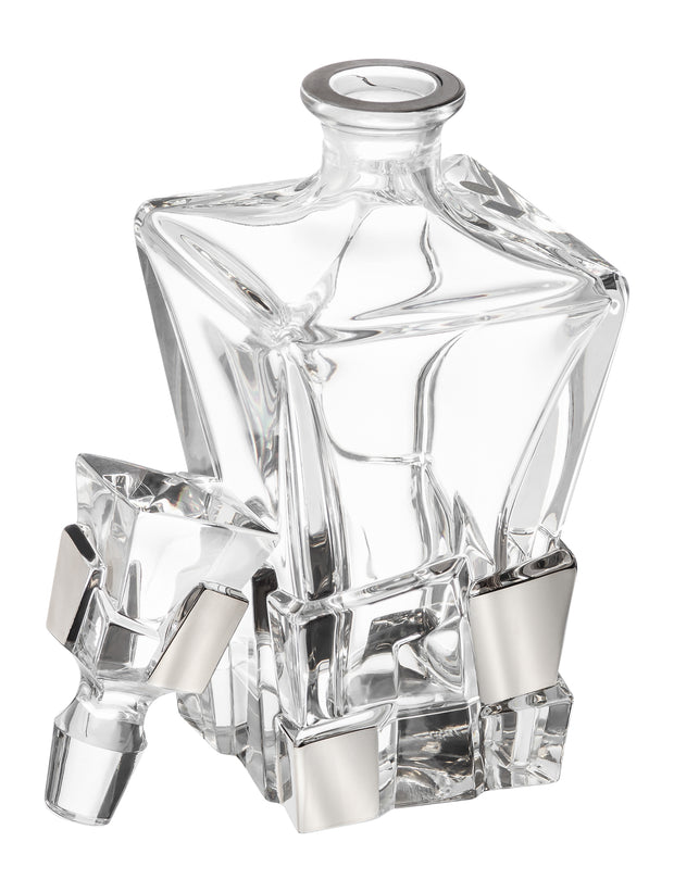 European Crystal Whiskey - Liquor Square Shaped Decanter W/ Ice Cube Design In Platinum - 28 Oz. - 11.25" Height