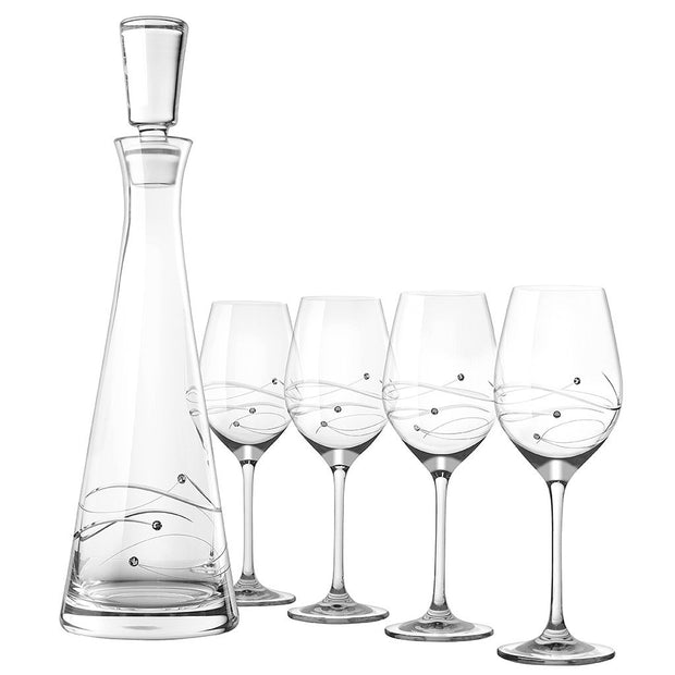 European Handmade Lead Free Crystalline 33 oz. Tall Wine Decanter with 4 White Wine 12.5 oz. Glasses - Decorated with Real Swarovski Diamonds - Gift Boxed ( Set of 5)