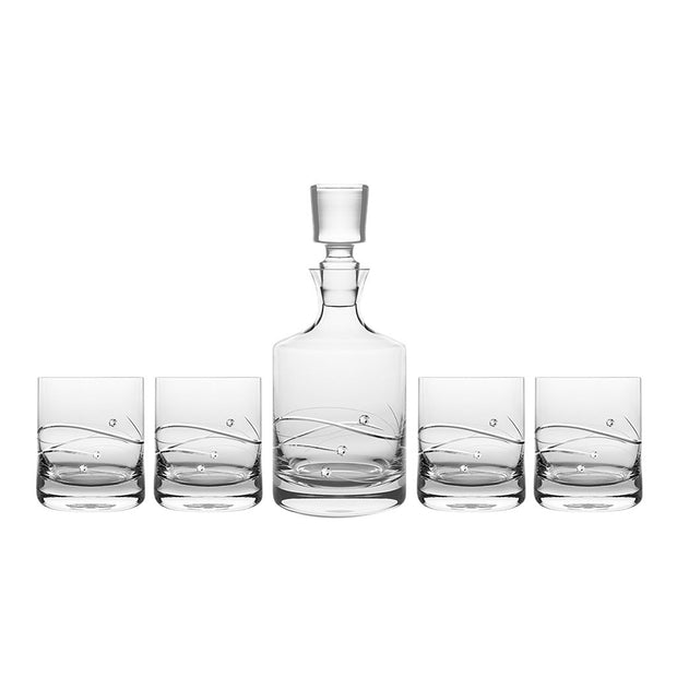 European Lead Free Crystalline Whiskey Decanter W/ 4 Tumblers -10.5 oz. Glasses - Decorated with Real Swarovski Diamonds - Gift Boxed