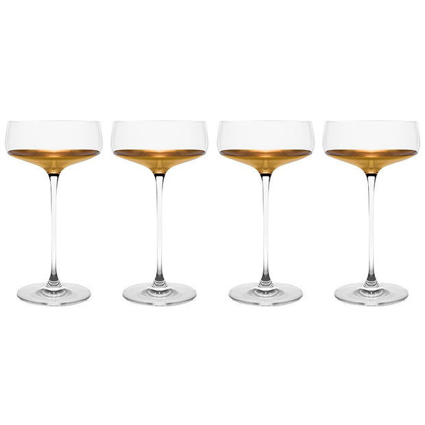 European Handmade Lead Free Crystalline Champagne Saucer- Decorated And Dipped in 20 K gold on the bottom - 10 oz. - Set of 4