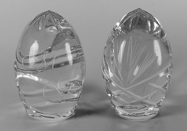 European Hand Cut Crystal Set Of 2 Egg Paperweight 3.5"Height - W/ Blank Panel For Engraving