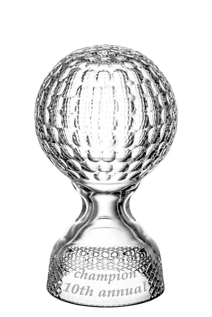 European Hand Cut Crystal Golf Trophy W/ Blank Panel For Engraving
