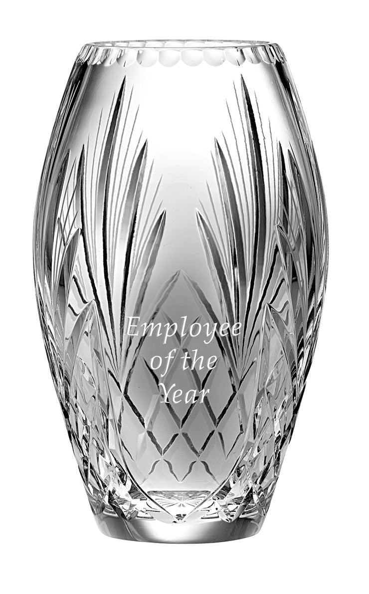 European Hand Cut Crystal Vase W/ Blank Panel For Engraving