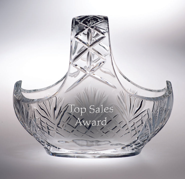 European Hand Cut Crystal Basket W/ Blank Panel For Engraving - 8" Wide