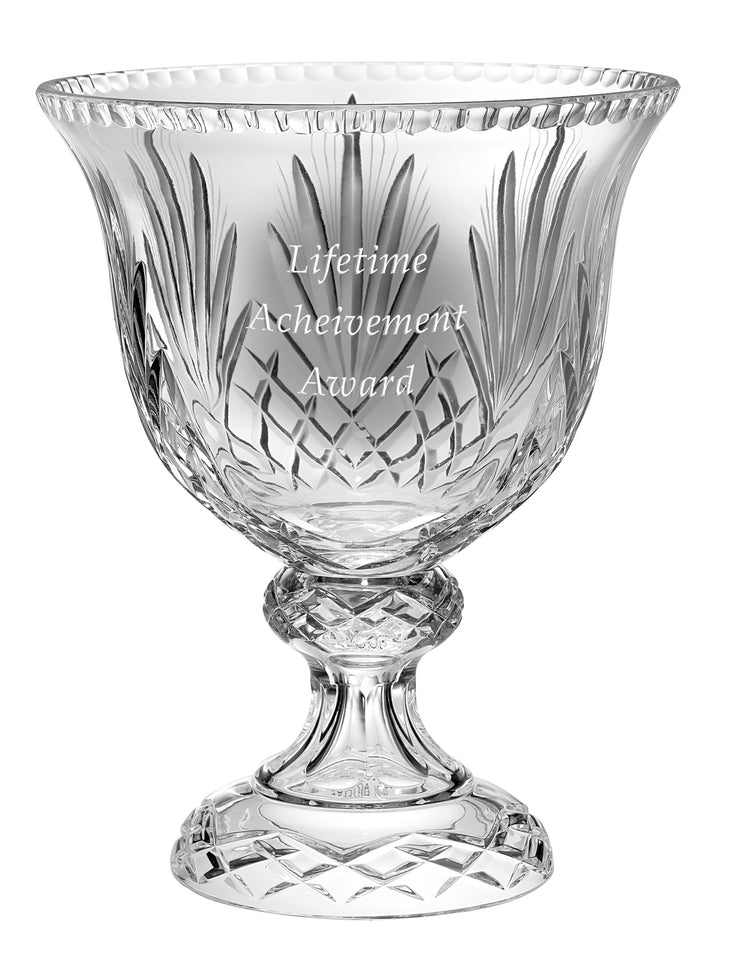European Hand Cut Crystal Footed Bowl W/ Blank Panel For Engraving