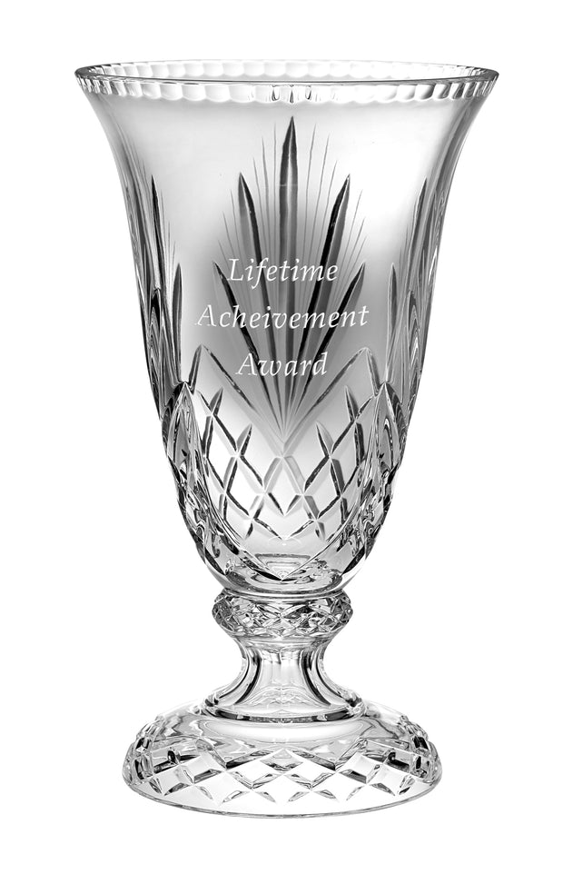 European Hand Cut Crystal Footed Vase W/ Blank Panel for Engraving