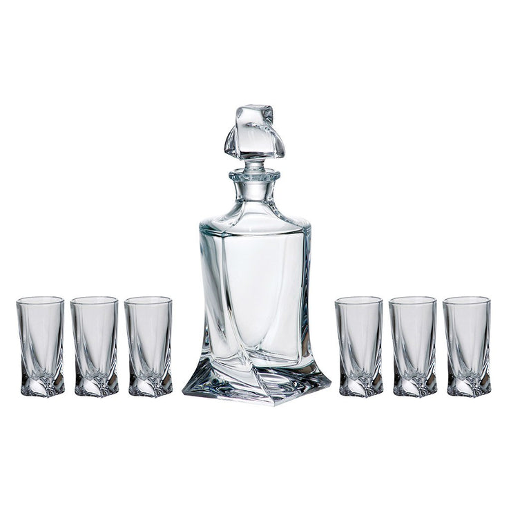 European Lead Free Crystalline 7 Piece Bar Set- For Whiskey, Wine, Liquor Includes 17 oz. Decanter - 6 Pcs of 1.7 oz. Shot Glasses - Gift Boxed